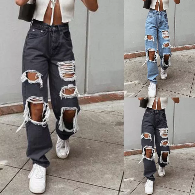 Women Ripped Denim Trousers High Waist Jeans Pants Casual Baggy Loose Bottoms US