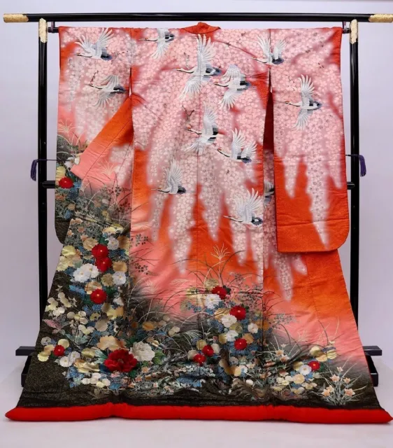 Japanese kimono, UCHIKAKE, Wedding Robe,Embroidery, SAKURA,Cranes, L6' 2"..3734