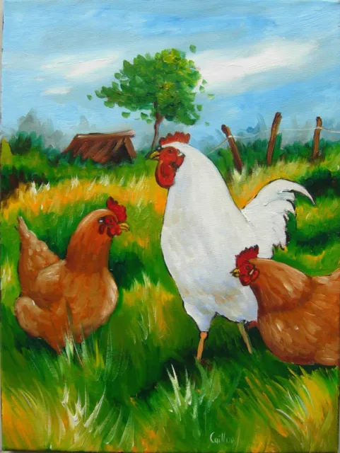 Tableau original de Caillon 40x30 cm poule coq ferme paix toile huile peinture