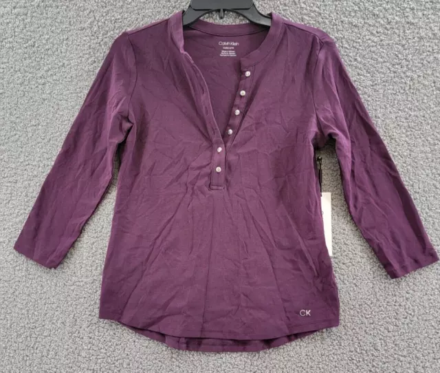 Calvin Klein 3/4 Sleeve Button Front Henley Top Women's XS Aubergine Pullover