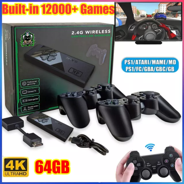 HDMI 4K TV Game Stick Console Built-in 64GB 20000+Retro Games+2 Wireless  Gamepad