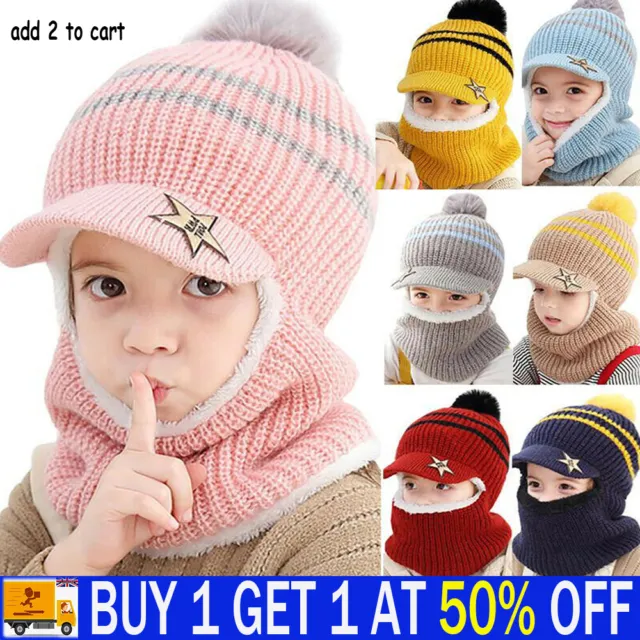 Kids Toddler Baby Winter Warm Hat Hooded Scarf Earflap Knitted Cap Girls Boys JP