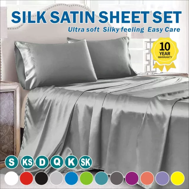2000TC Cooling Silk Satin Flat Fitted Sheet Bed Set S/Double Queen Super King