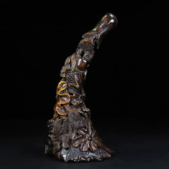 Collect Old Ox Horn Bull Horn Hand-carved Exquisite Lotus Fish Horn Tip Statue