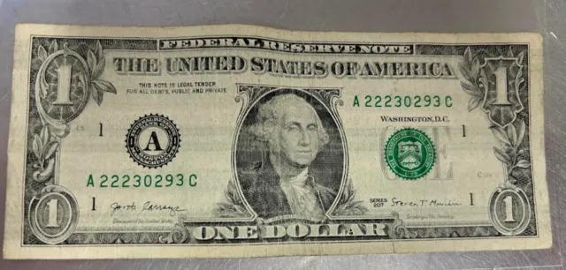 2017 $1 Dollar Bill Insufficient Ink/ink on rollers, quad, Error Note