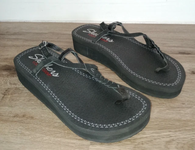 Skechers Yoga Foam  Thong Wedge Platform Sandals Black Flip Flops Womens  Size-8