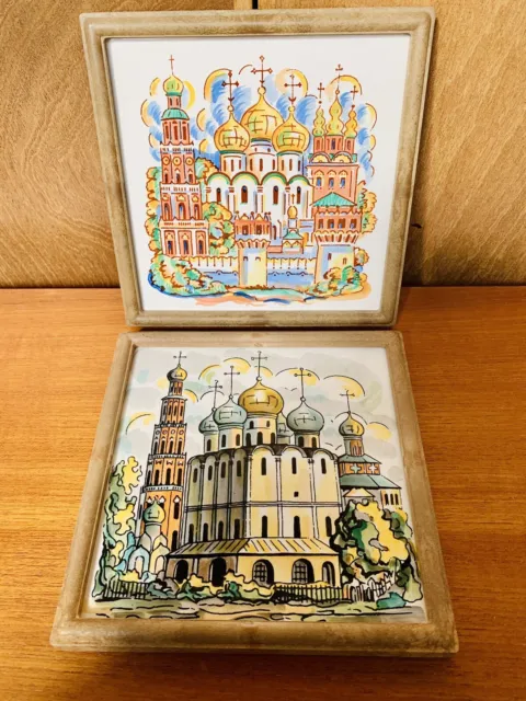 2 Vintage Soviet Era Folk Art Tiles, Handpainted, Framed, Labelled on Back 1989