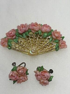 Pin Brooch Vintage Plastic or Celluloid Rose Fan Brooch & small Earrings pink