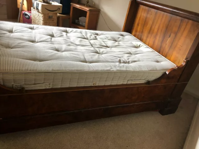 Antique French small double bed (lit bateau) with mattress and bed base