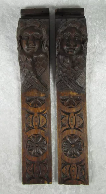 Hand Carved Oak Wood Angel Caryatid Wall Column Sculptures Antique Matched Pair