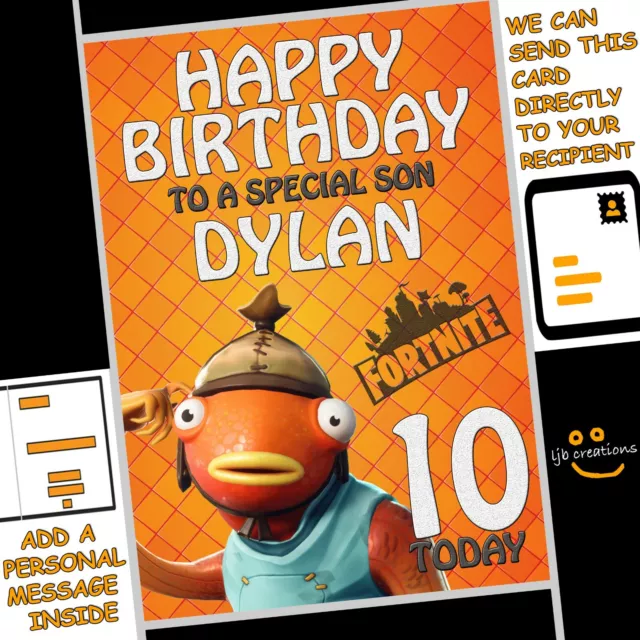 Personalised FISHSTICK Birthday Card FORTNITE Character Skin NAME AGE RELATION