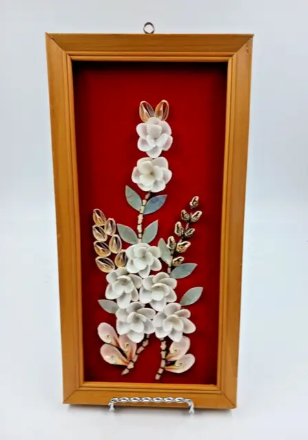 Vintage Floral Shell Art Framed Wall Decor Red Background Philippines 6"x12"