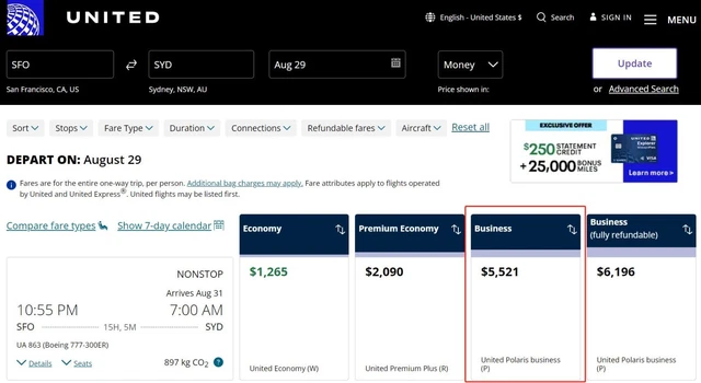 San Francisco to Sydney United Airlines 2023 Aug 29 one way Business Class