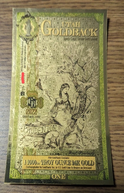 1 Utah Goldback 24KT 1/1000th Oz 999 Gold Note Currency Gold Back