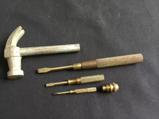 Vintage Small Jewelers Machinist  Hammer Brass 3 Screw Drivers in HANDLE 7.5”