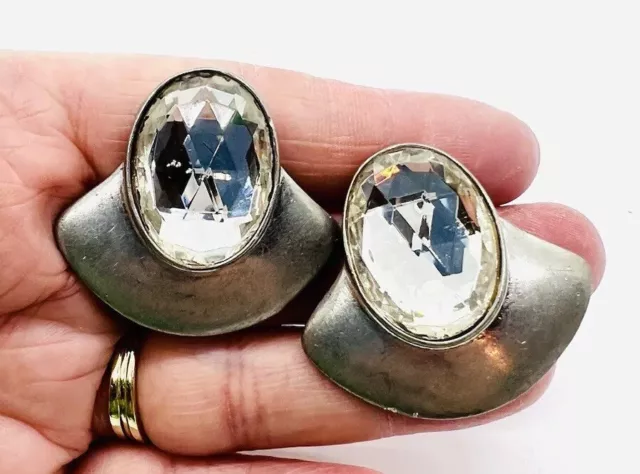 Large BEN AMUN Matte Silver Clear Rhinestone Earrings Signed Vintage Jewelry