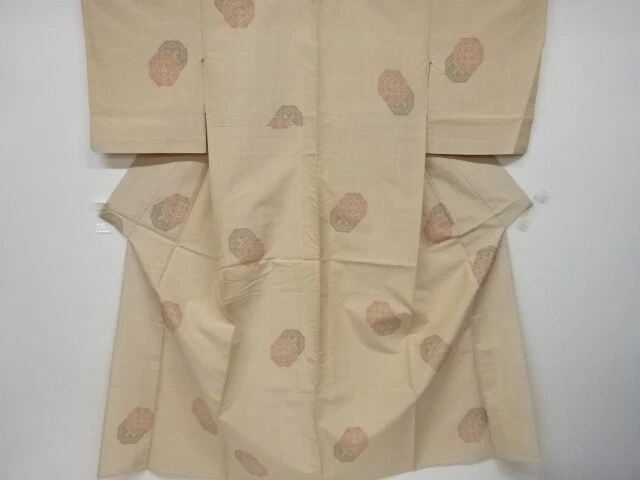 6530110: Japanese Kimono / Antique Hitoe Kimono / Tsumugi / Woven Floral Crest &
