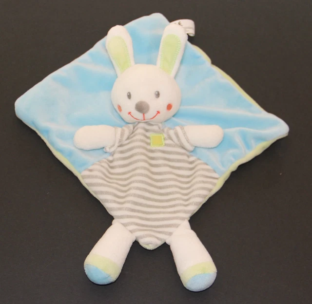 Doudou Plat Lapin Blanc Bleu Raye Gris Vert Nicotoy  Neuf