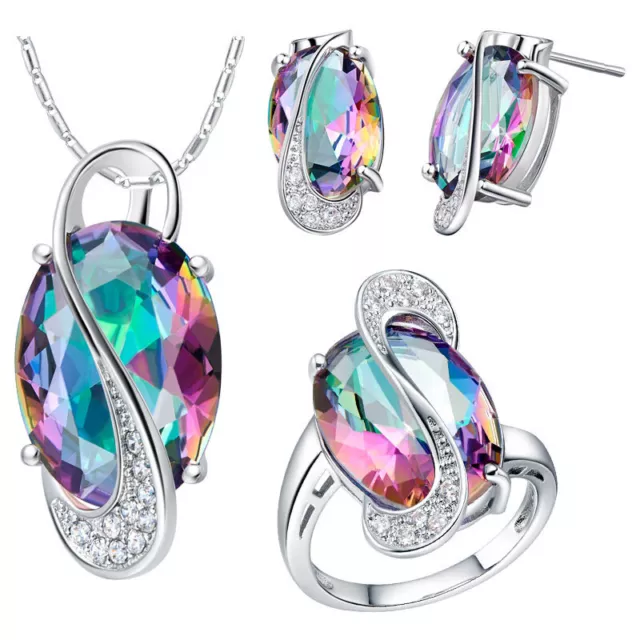 Fashion Mystic Topaz Ring Earrings Necklace Set Women's Wedding Jewelry Gift