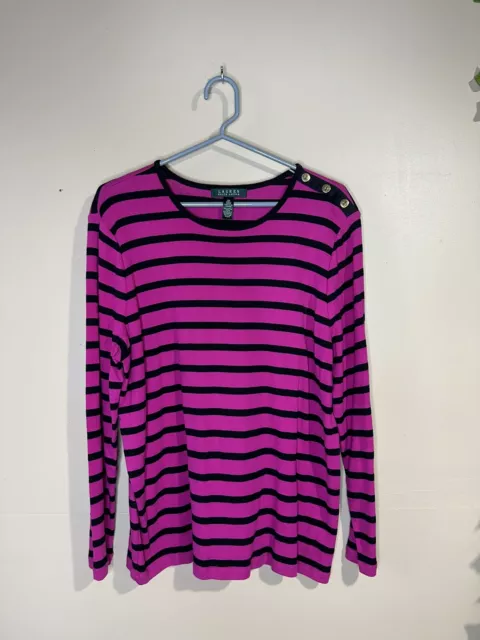 Lauren Ralph Lauren Women's 100% Cotton Long Sleeve Pink Striped T-Shirt 2XL