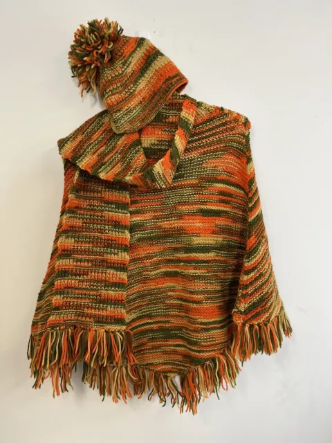 VTG Handmade Knit Poncho, Scarf & Hat Fringe 70s Yellow, Orange, Green -One Size