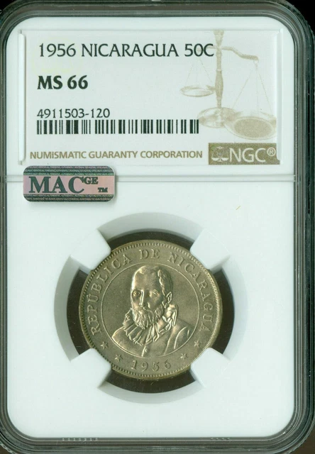1956 Nicaragua 50 Centavos Ngc Ms66 Pq Mac Finest Grade Spotless  *