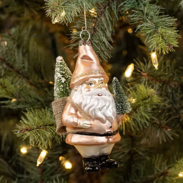 Vtg Inspired Pink Santa Gnome Christmas Ornament Holding Bottle Brush Tree