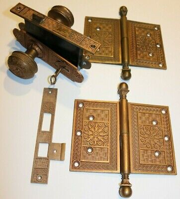 Hopkins & Dickinson SUPERBLY ORNATE 1888 brass door knob set w/ matching hinges