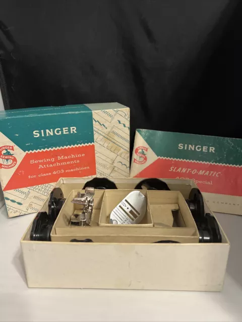 Vintage 1958 Singer Slant-0-Matic 403 Sepecial Machine Attachments +Manuel/Box