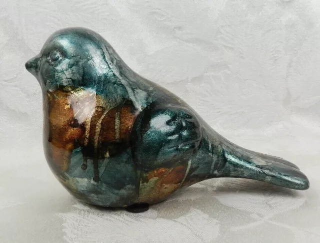 Ceramic Bird Figurine Metallic Blue Orange Copper Glaze 4.5" H