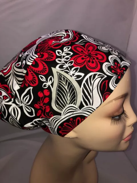 Euro Scrub Hat Mod Flowers Surgical Cap CNOR CHEF CRNA MD Veterinarian Red Black