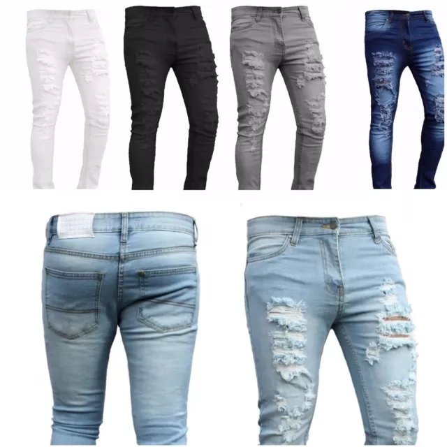 Mens Skinny Jeans Ripped Slim fit Stretch Denim Distress Frayed Biker boys Jeans