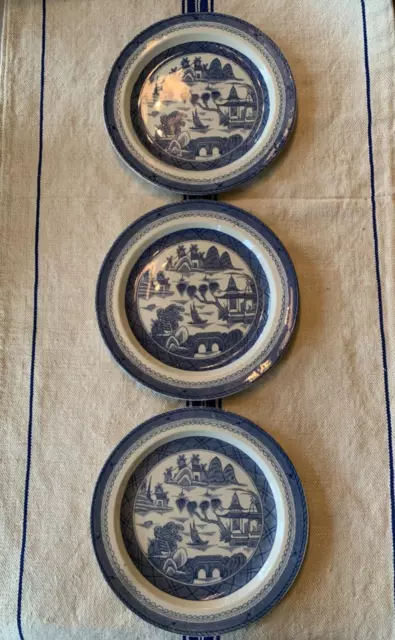 Wood & Sons Blue English Transferware Set of 3 Dinner Plates Canton Pattern