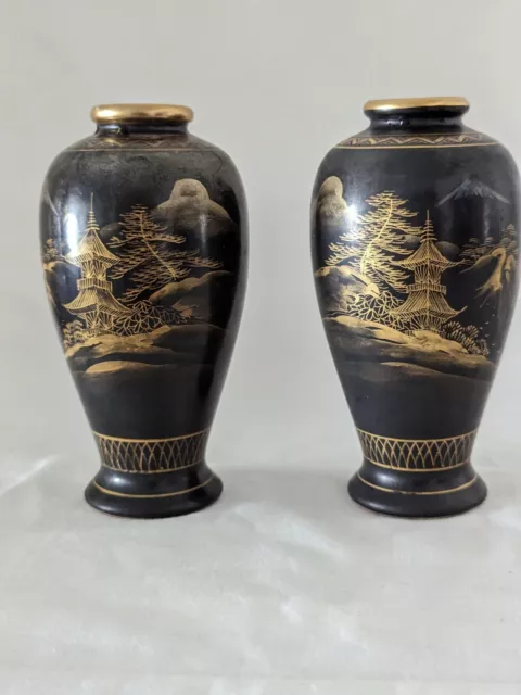 Pair of Small Black & Gold Coloured Antique or Vintage Japanese Satsuma Vases