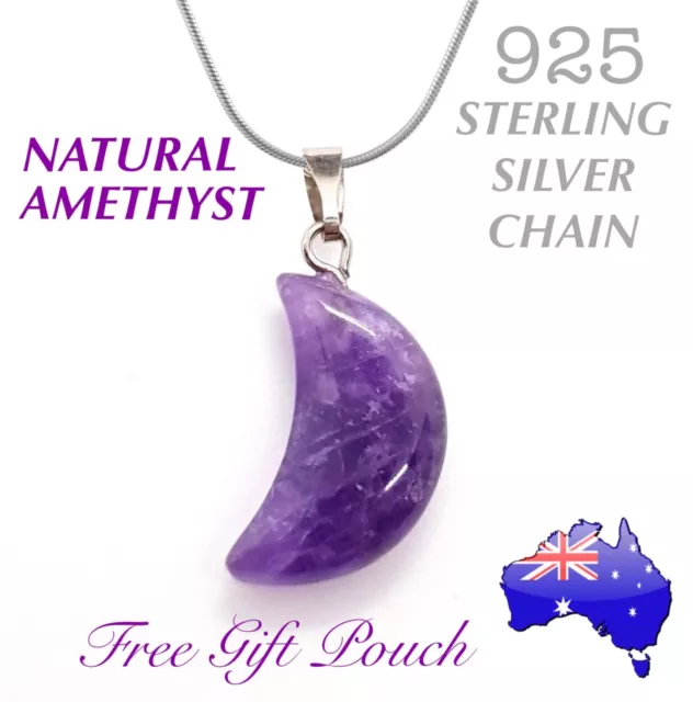 Crescent Moon Purple Genuine Amethyst Quartz Natural Crystal Pendant Necklace