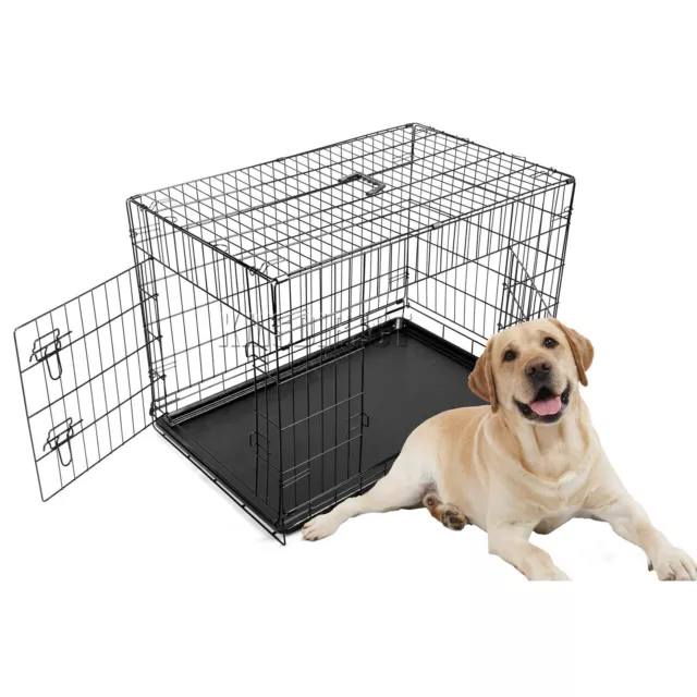 36" Folding Pet Dog Puppy Metal Training Cage Crate Carrier Large Black 2 Doors