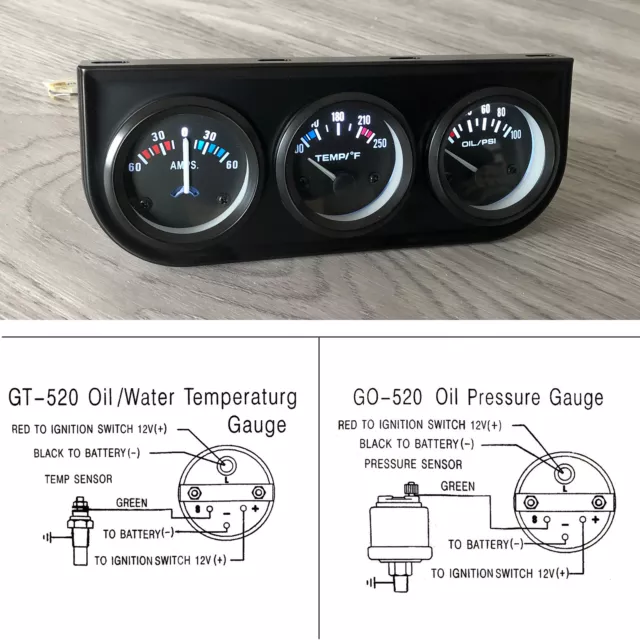 2'' 52mm Triple Gauge Kit Oil Pressure Meter AMP Gauge Water Temp Gauge 3 in1