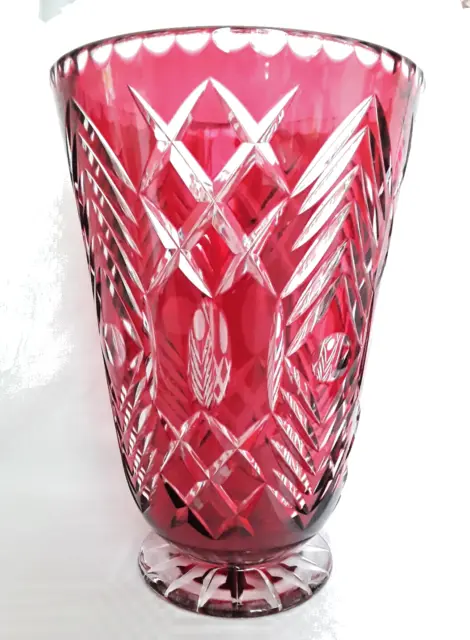 Large Ruby Red Cut to Clear Crystal Footed Vase - 10.7" Tall - VGC