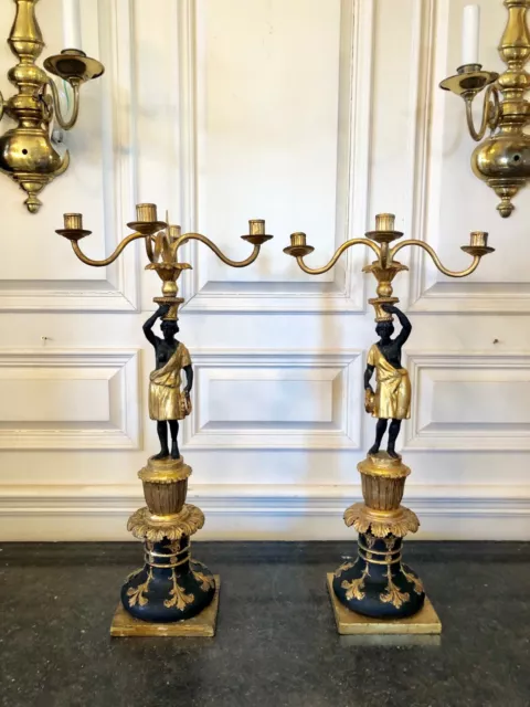 Pair Tall Circa 1800 Venetian or French Blackamoor Candelabra Gilt Carved Wood