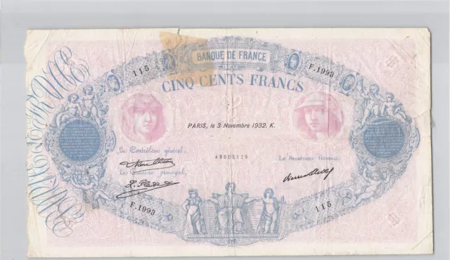 France 500 Francs Bleu et Rose 3.11.1932 F.1993 N° 49805115 Pick 66l