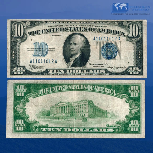 1934 $10 Ten Dollars Silver Certificate Blue Seal, VF Condition #11012