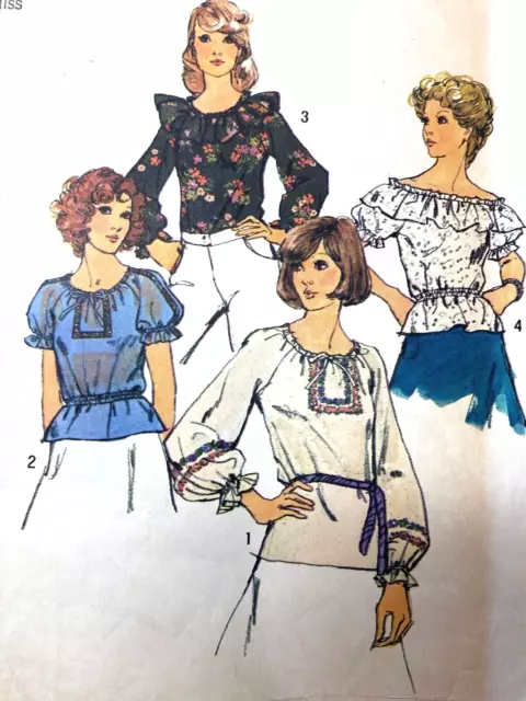 VIntage 1970s BOHO Blouse Pattern Scoop Neck Ruffled Neck Simplicity 6412 Sz14