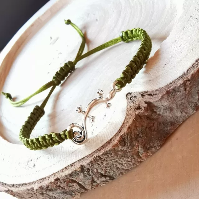 BOHO Makramee - Armband Gecko Silber / Grün Satin Band Freundschaftsarmband