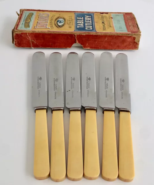 Vintage Faux Bone Handled Knife Set 6 Taylor Sheffield England Stainless Steel