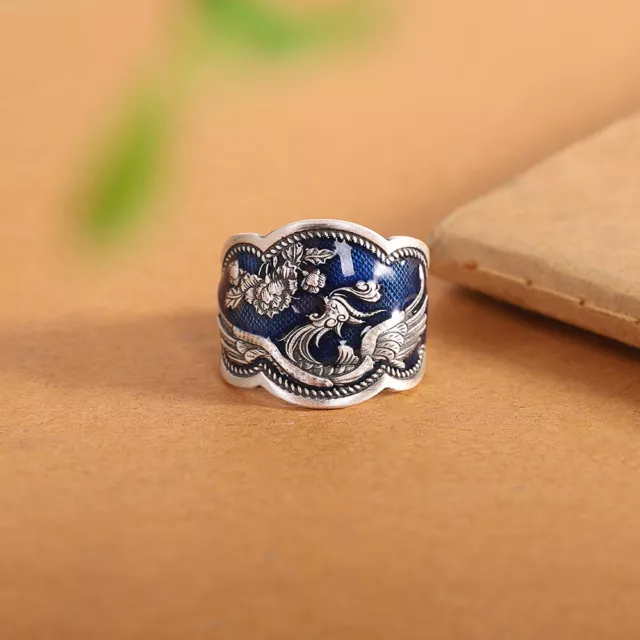 S925 Sterling Silver Ring Women Lucky Blue Enamel Phoenix Flower Band Ring