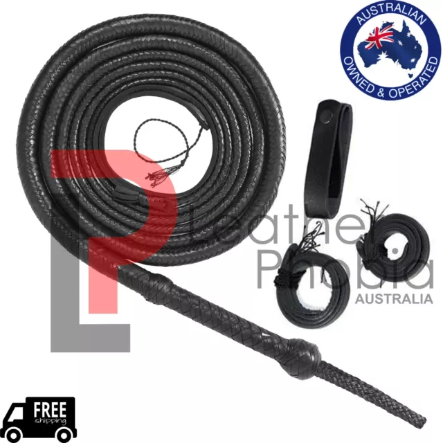 Genuine Kangaroo Black Leather Bullwhip 04 to 12 Feet Long 16 Plaits Heavy Duty