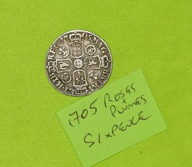 1705 Roses & Plumes Silver SIXPENCE Coin Queen ANNE (1702 - 1714)