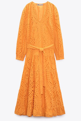 Zara Woman Midi Cutwork Embroidery Dress With Belt Neon Orange 7788/932 New Ss22