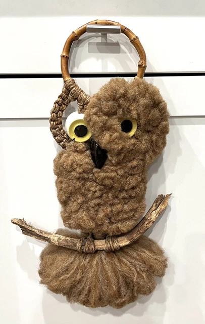 Vintage Macrame Owl Ceramic Eyes Wall Hanging Boho Mid Century Modern 70's
