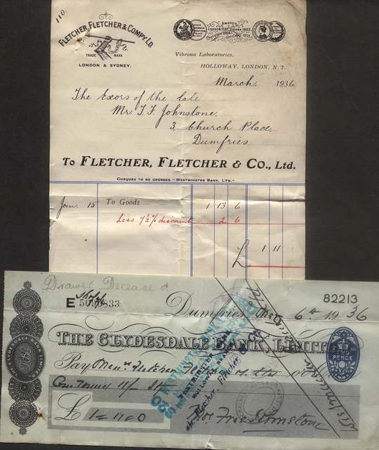 1936 Holloway London, Fletcher, Co. Billhead + Clydesdale Cheque Of Dumfries
